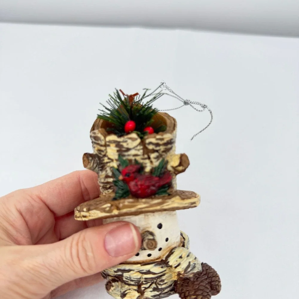 Snowman Christmas Holiday Ornaments Birch Bark‎ Cardinal Pinecone Rustic 3pc Set